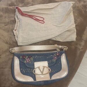 V-Emblem Denim and Gold Women's Bag